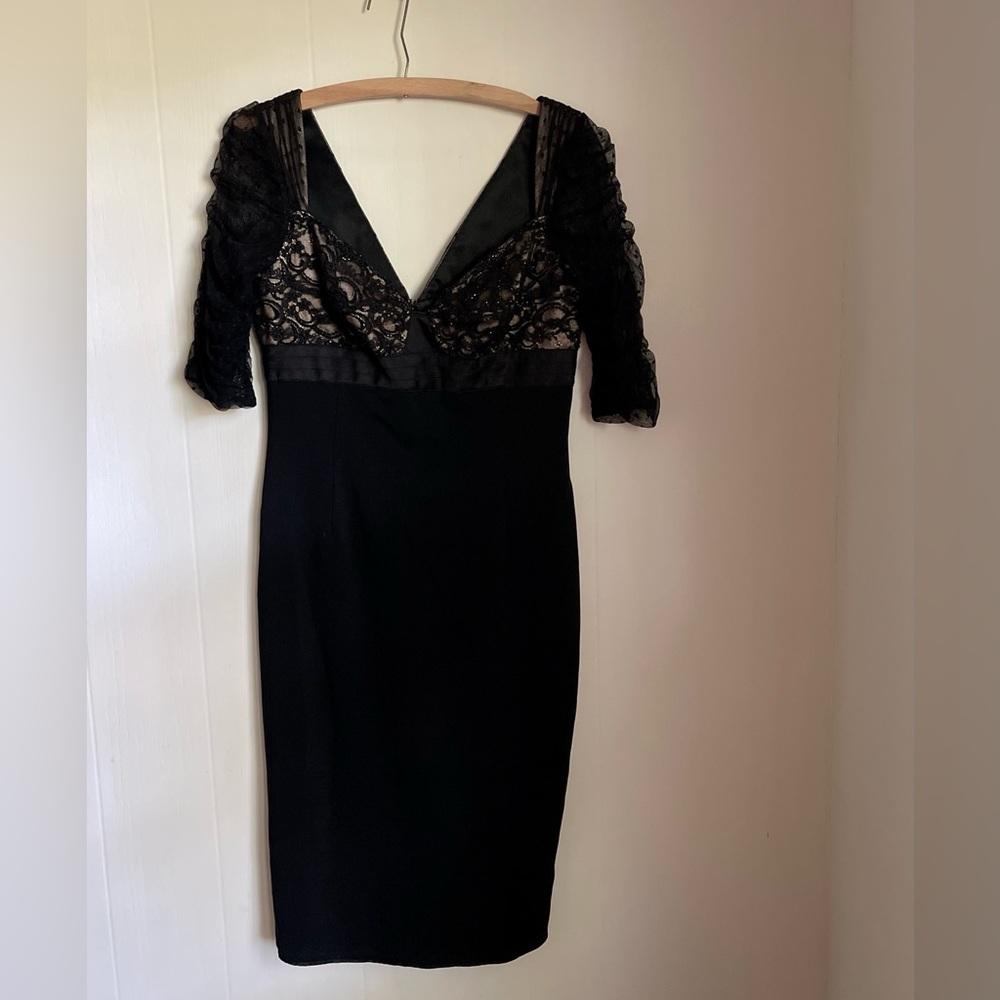 Carmen Marc Valvo Black Silk Lace Cocktail Dress Mrs Masel Goth Empire Illusion